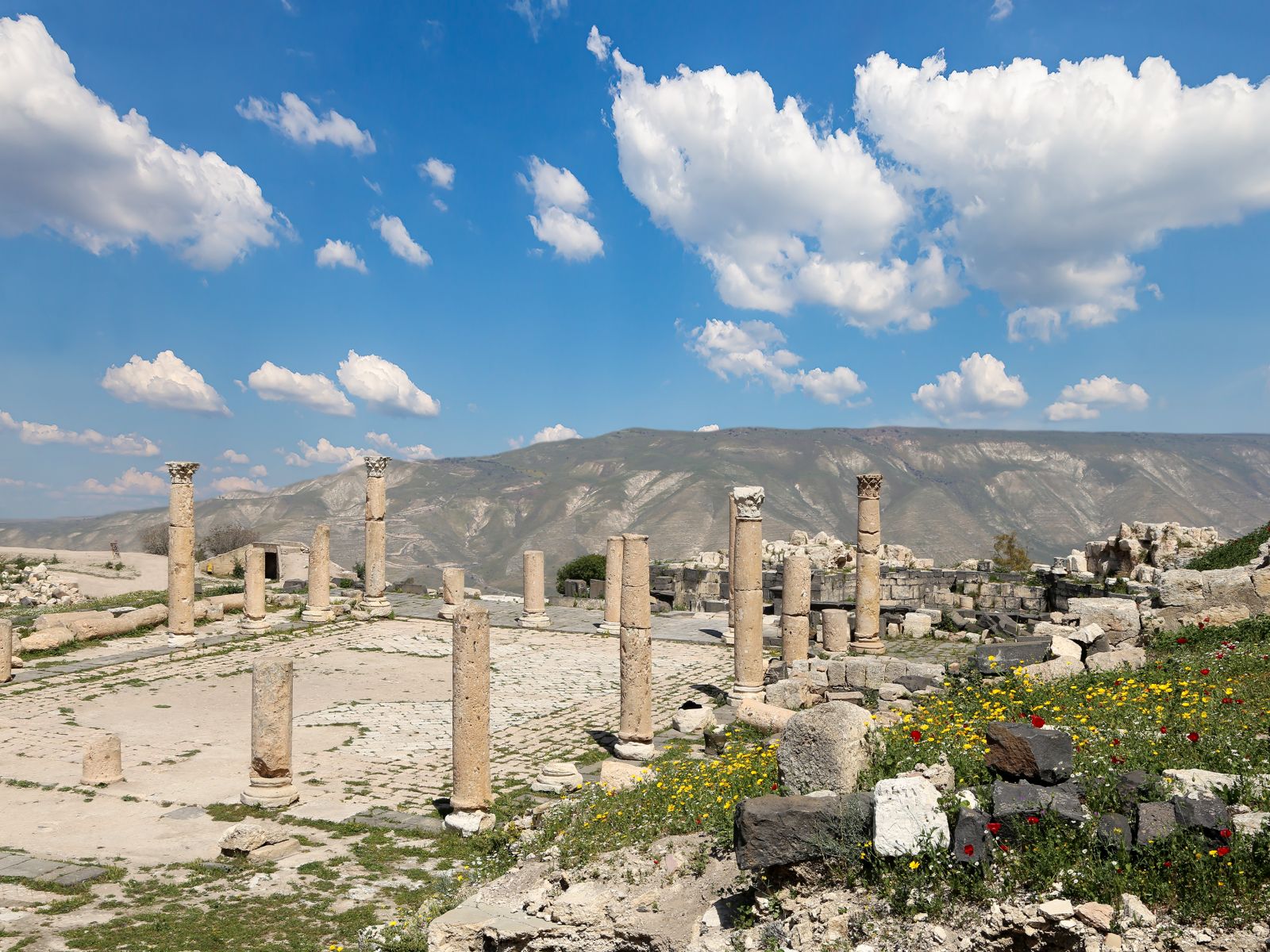 Rondreis Jordanië, Umm Qais, ruïnes met pilaren en uitzicht