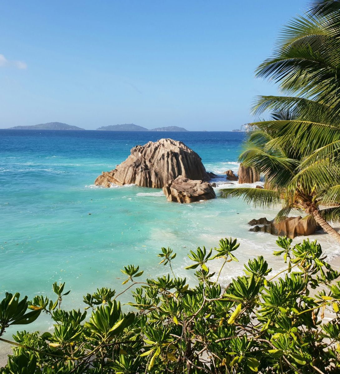 Rondreis Seychellen, La Digue, strand met palmbomen en rotsen