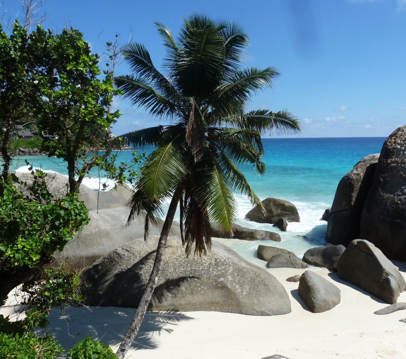 Rondreis Seychellen, Silhouette, strand met palmbomen en rotsen
